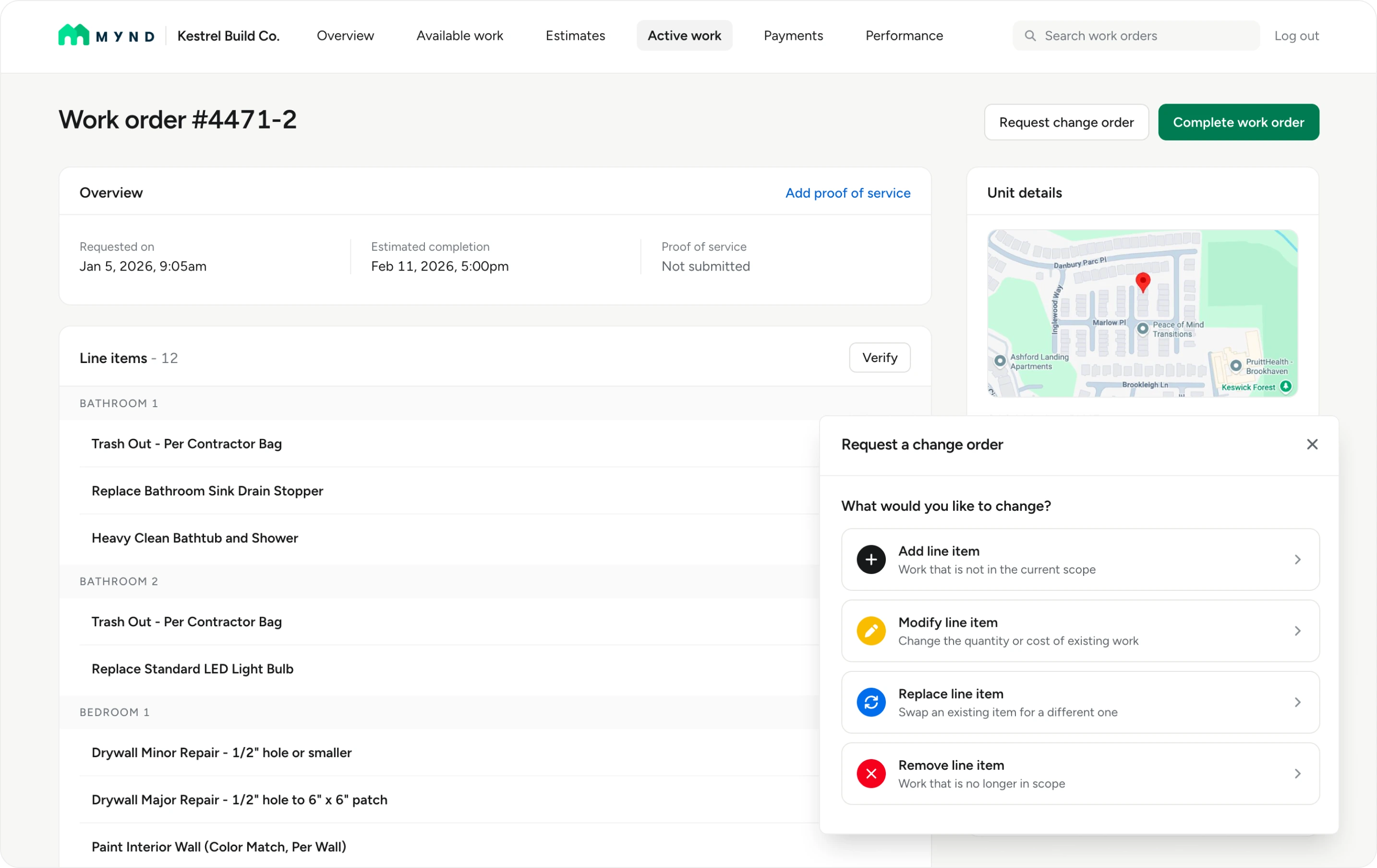 Vendor portal work order with the change order request panel open