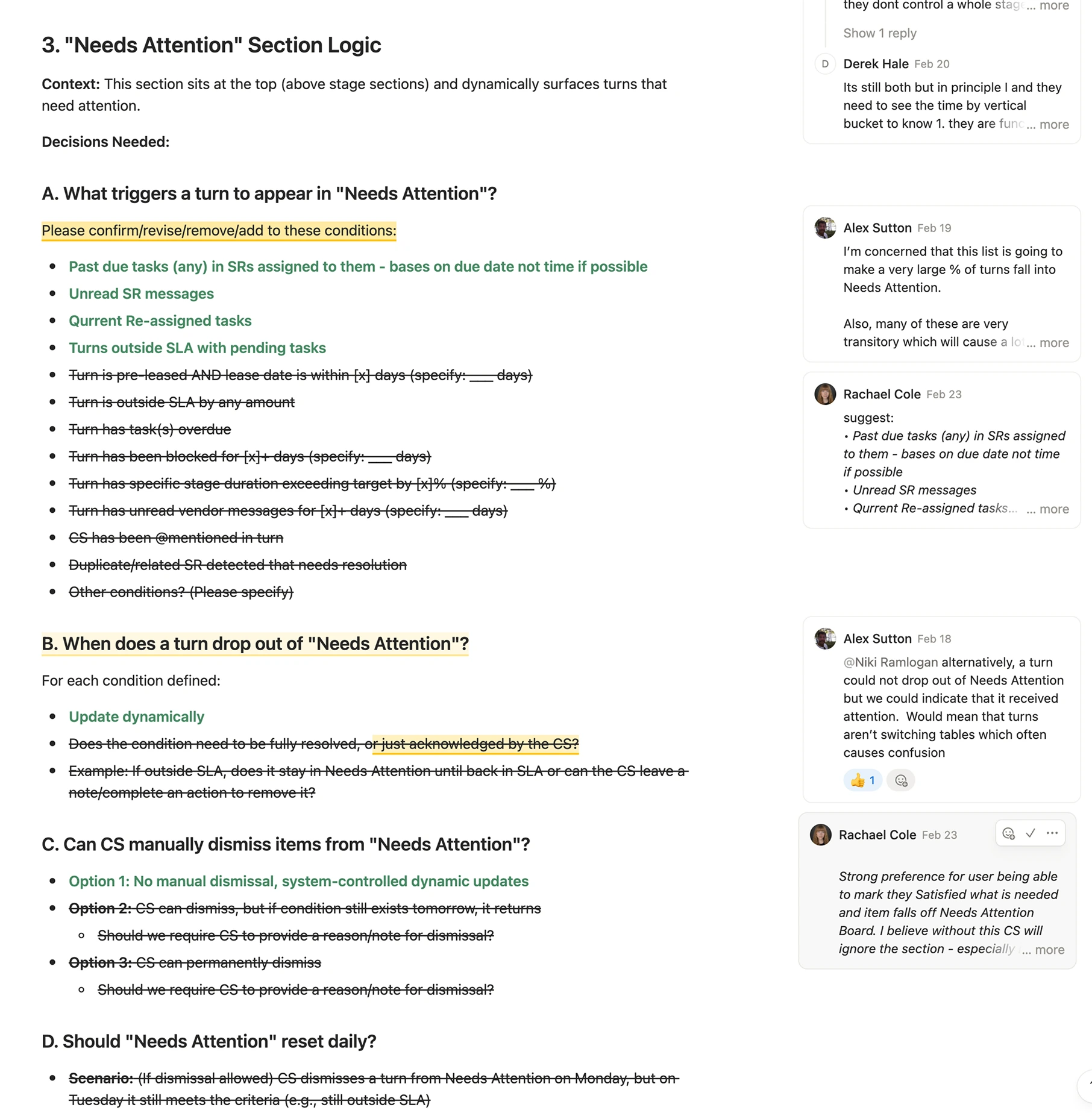 Decision document, Needs Attention section logic, resolved in comments